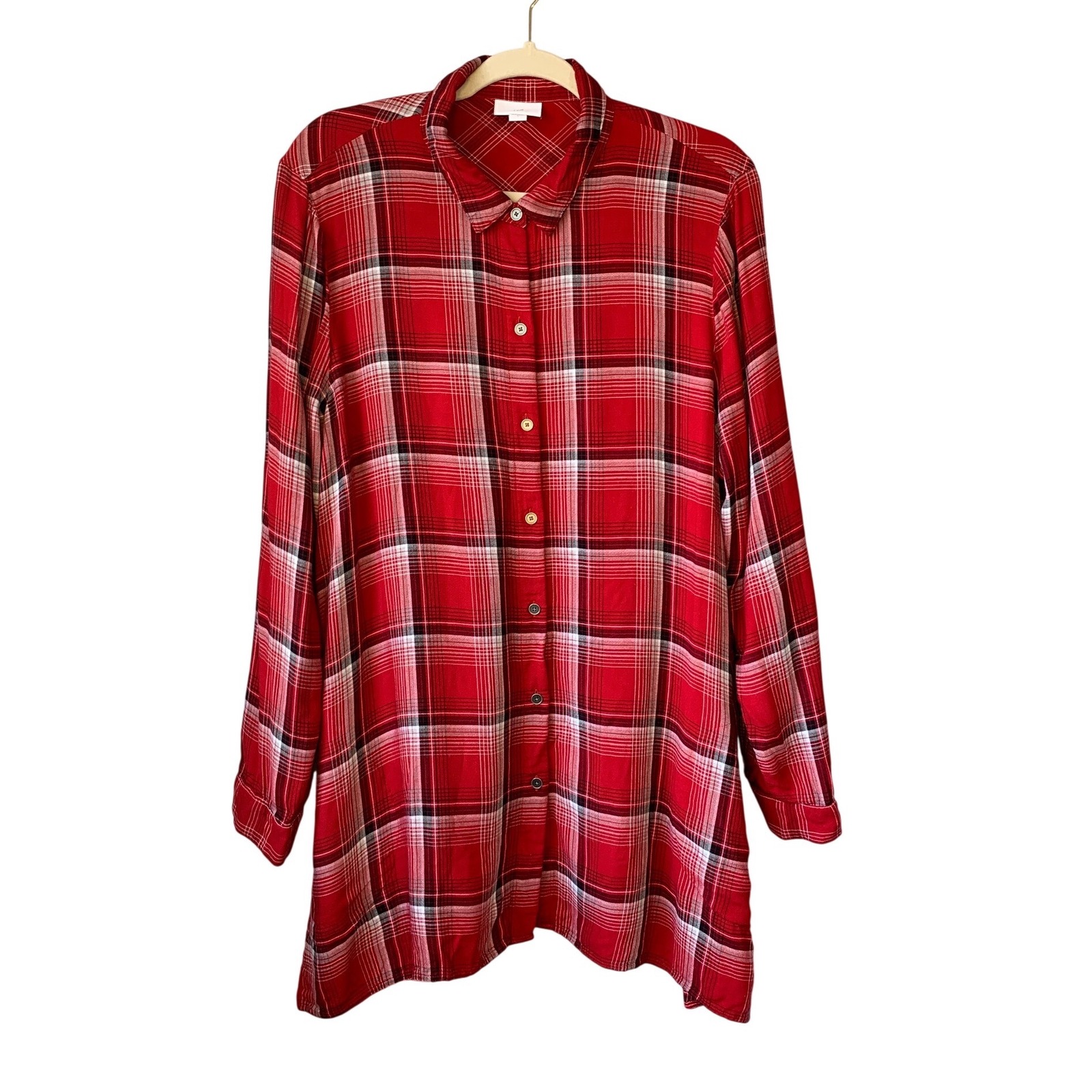 J Jill Red Plaid Tunic Shirt Dress Long Sleeve Button Up Women's Size L